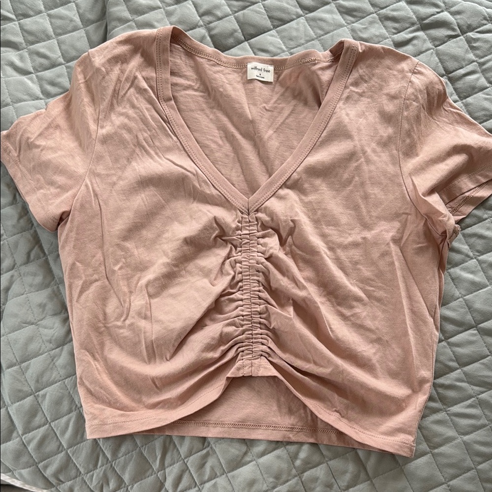 Aritzia Wilfred free Pink Ruched V-Neck Top size medium